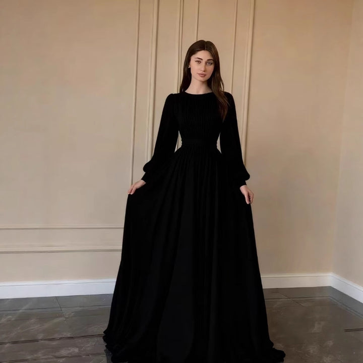 Damen Elegantes Langkleid mit schmalem Taillenband und Ballonärmeln Drune