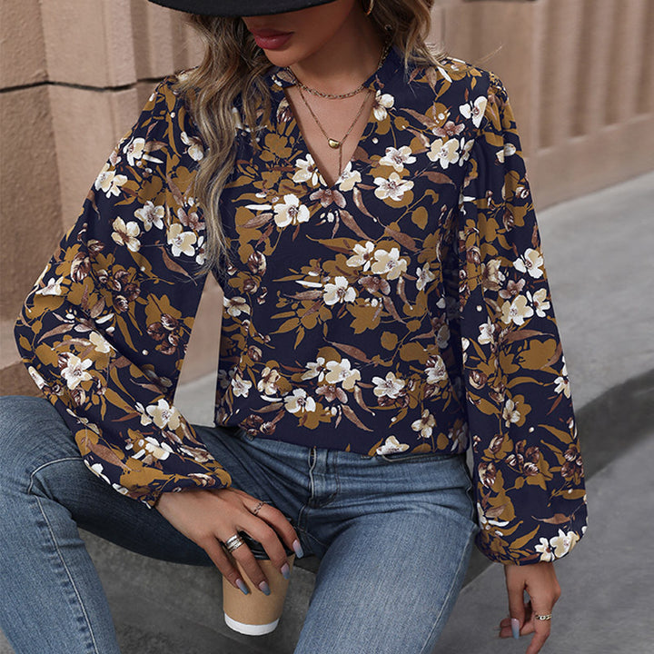 Damen Leichte Chiffonbluse mit floralem Alloverprint, V-Ausschnitt und voluminösen Bündelärmeln Drune