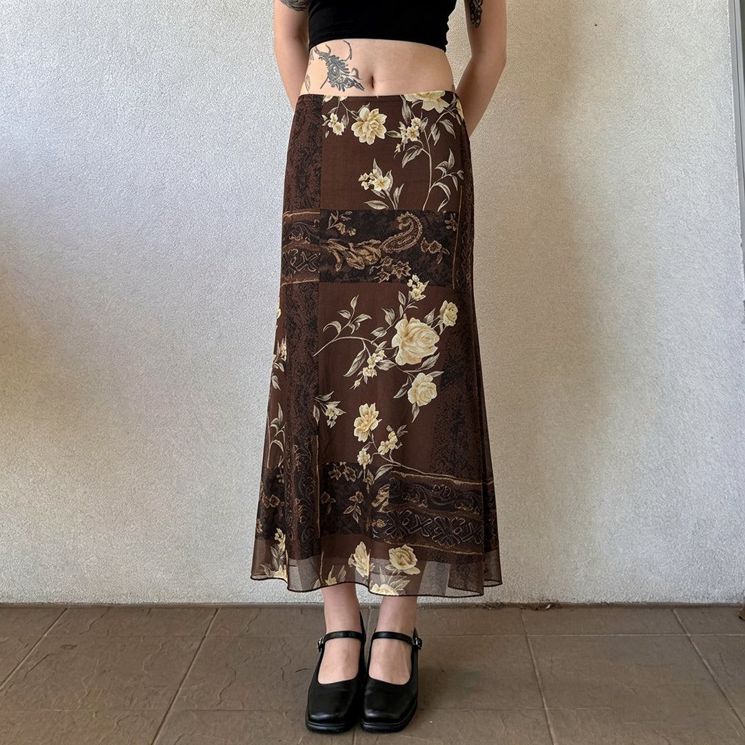 Damen Maxi-Rock mit floralem Design und transparenter Chiffon-Überlage Drune