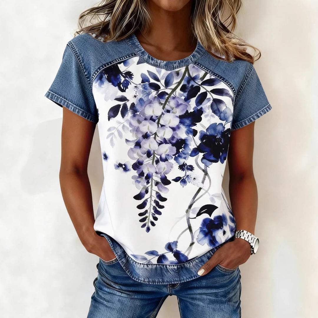 Damen Kurzarmshirt mit Jeans-Einsätzen und Teddy-Patchprint Drune