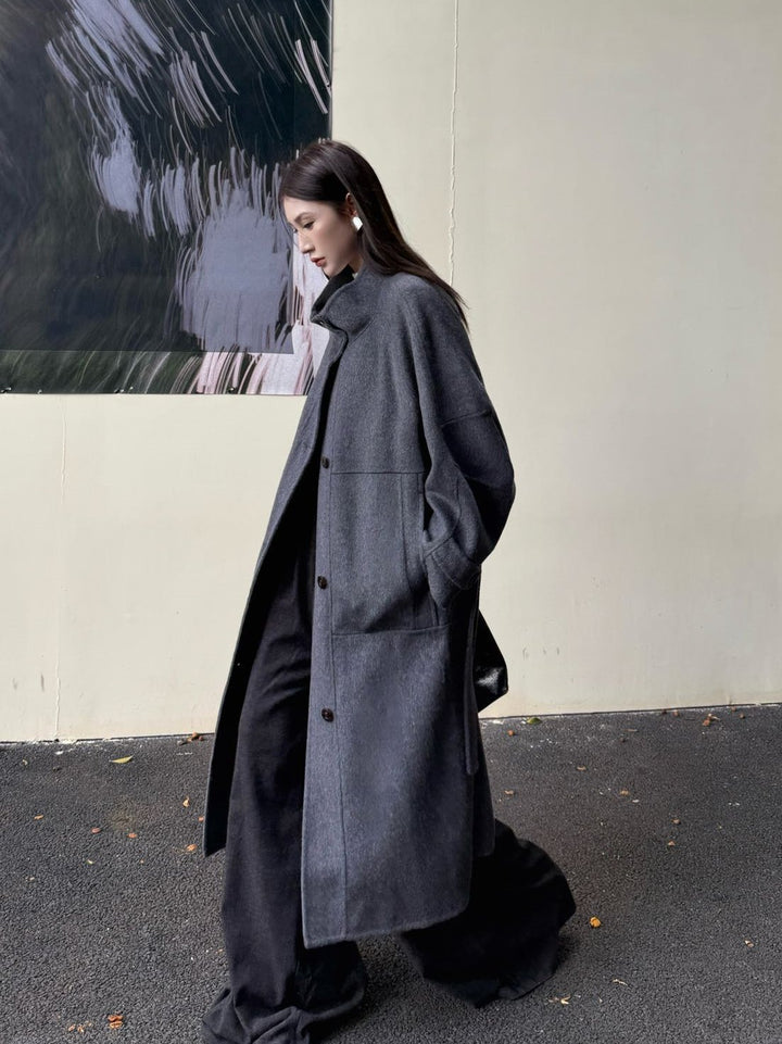 Damen Oversize Wollmantel mit Stehkragen und großen Pattentaschen Drune