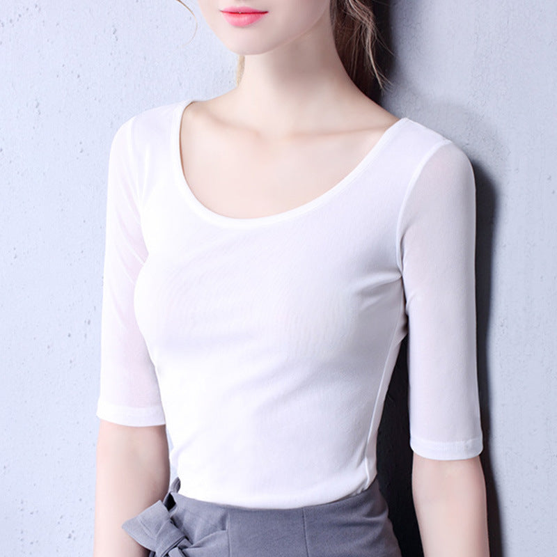 Damen T-Shirt mit elegantem Rundhalsausschnitt und feinen, transparenten Ärmeln Drune