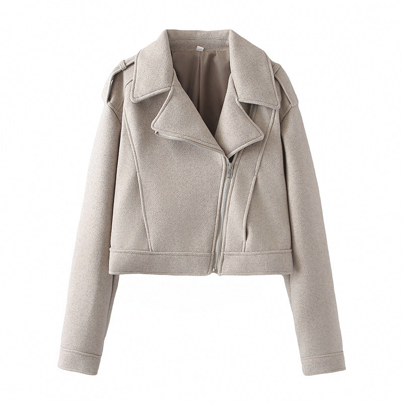 Damen nan cropped Wollmix-Bikerjacke mit asymmetrischem Reißverschluss und großem Schalkragen Drune