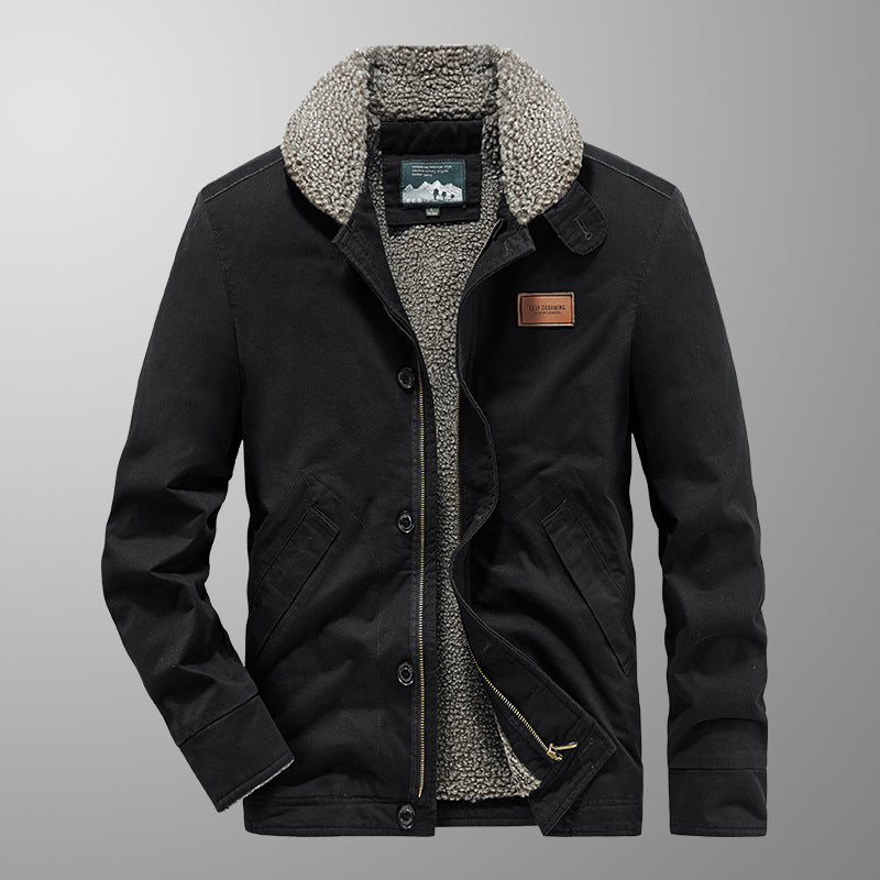 Herren Canvas-Armyblouson mit durchgehendem Teddyfutter, Reißverschluss- und Knopfleiste Drune