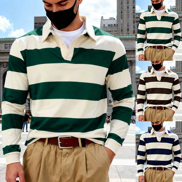 Herren Maritim inspiriertes Rugby-Langarmshirt aus Baumwollmix mit Polokragen und robusten Bündchen Drune