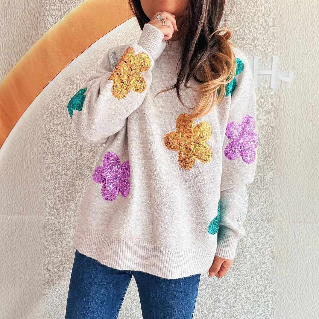 Damen Pullover mit bunten Paillettenblumen Drune