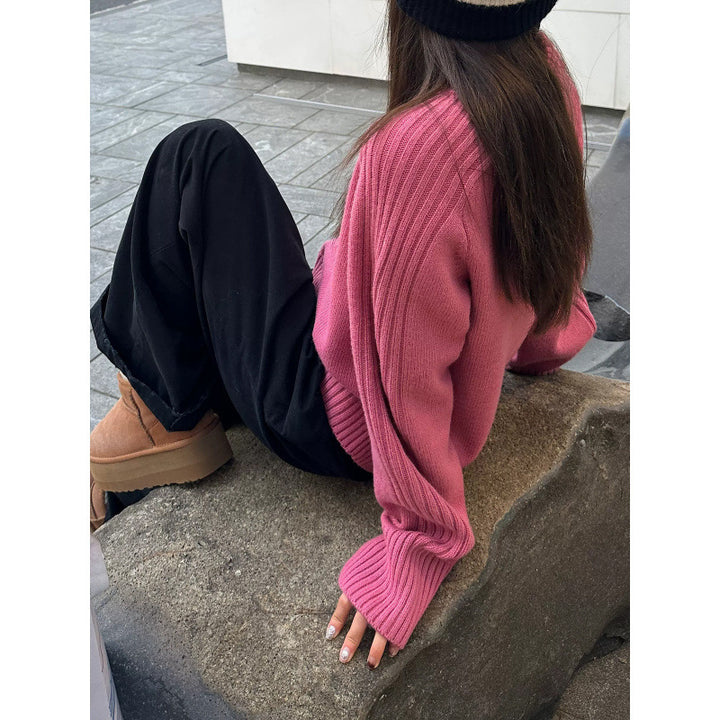 Damen gemütlicher Strickpullover mit Rundhalsausschnitt und breiten Rippbündchen Drune