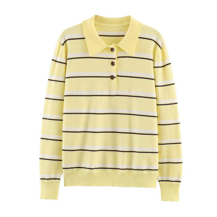 Damen nan gestreifter Feinstrick-Polopullover mit Knopfleiste, Rippbündchen und leichter Wollmischung Drune