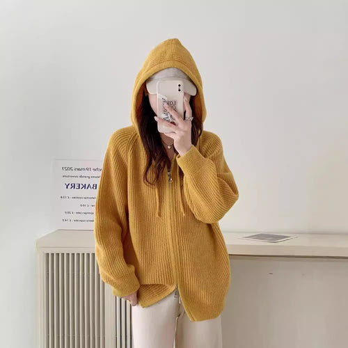 Damen gemütlicher Strick-Hoodie mit durchgehendem Reißverschluss und Kordelzug Drune