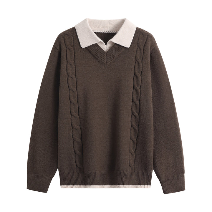 Damen Oversize-Pullover mit V-Ausschnitt, kontrastierendem Polokragen & Zopfstrick-Details Drune