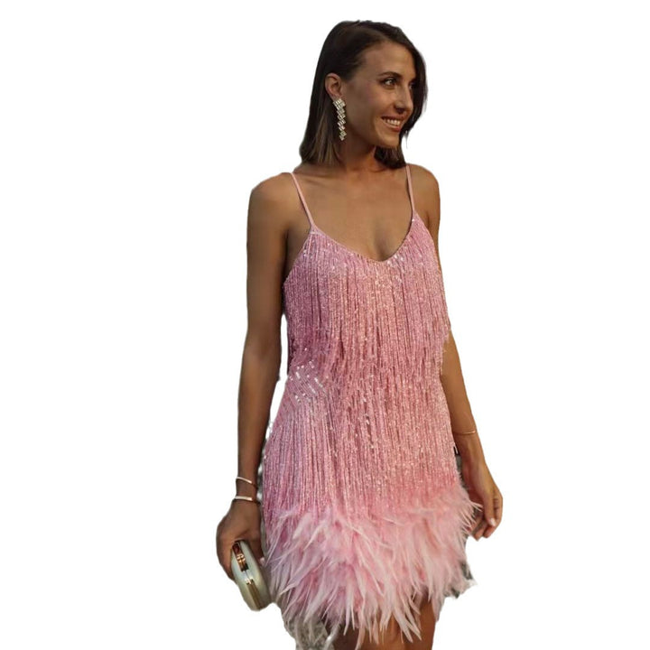 Damen Glitzerndes Kurzkleid mit Federn und funkelnden Pailletten Drune