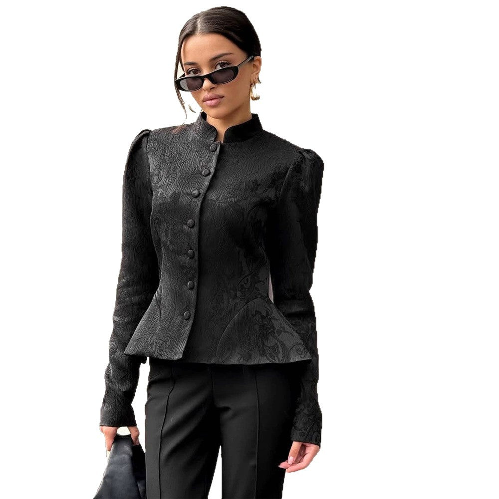 Damen taillierte Jacquard‑Bluse mit Stehkragen und dekorativer Knopfleiste Drune
