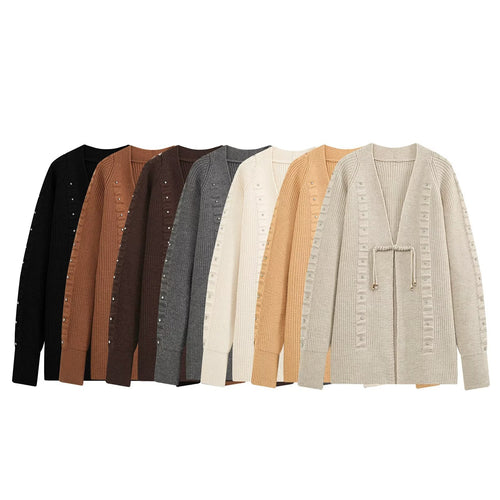 Damen Grobgestrickter Longcardigan mit Ziersteinen und Kordelbindung Drune