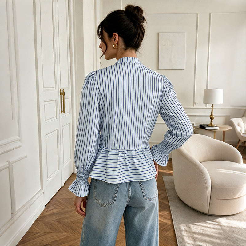 Damen Elegante Bluse mit Rüschendetails und Streifen Drune