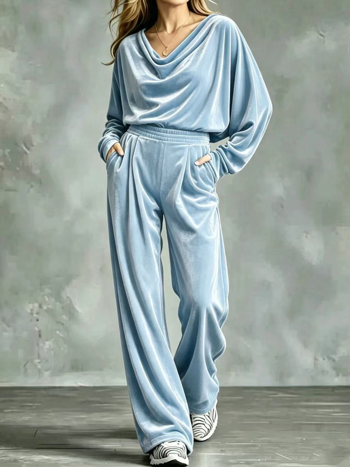 Damen Samt-Loungewear-Set mit Wasserfallkragen, weitem Palazzo-Schnitt und Eingrifftaschen Drune