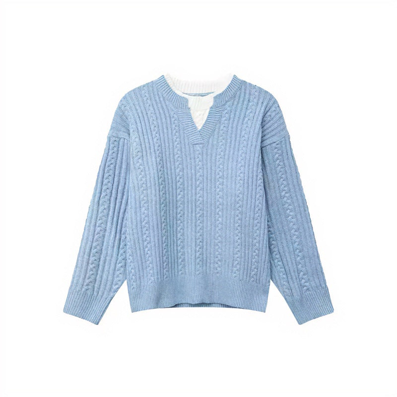 Damen Grobgestrickter Zopfmuster-Pullover mit V‑Ausschnitt und Lagen‑Optik Drune
