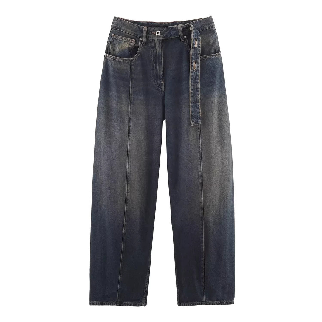 Damen Weite hochtaillierte Culotte-Hose mit Ziernaht, aufgesetzten Taschen und Bindegürtel Drune