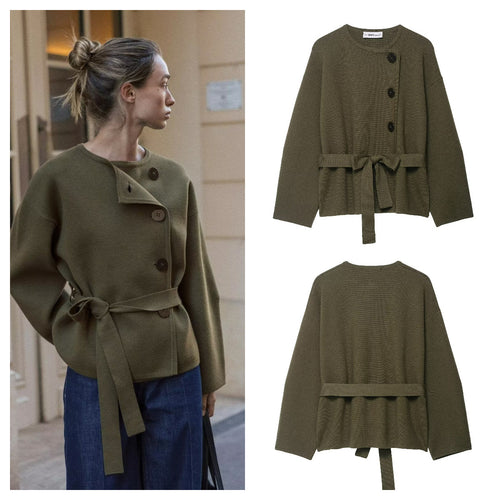 Damen lässige Strickjacke mit Taillengürtel und eleganten Knopfdetails Drune