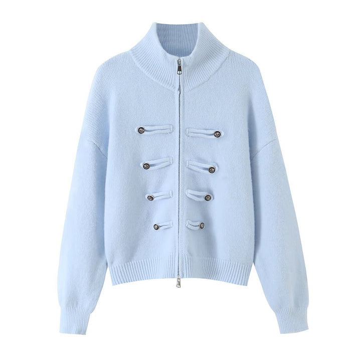 Damen Strickjacke mit Stehkragen, Reißverschluss und dekorativen Knotenblenden Drune