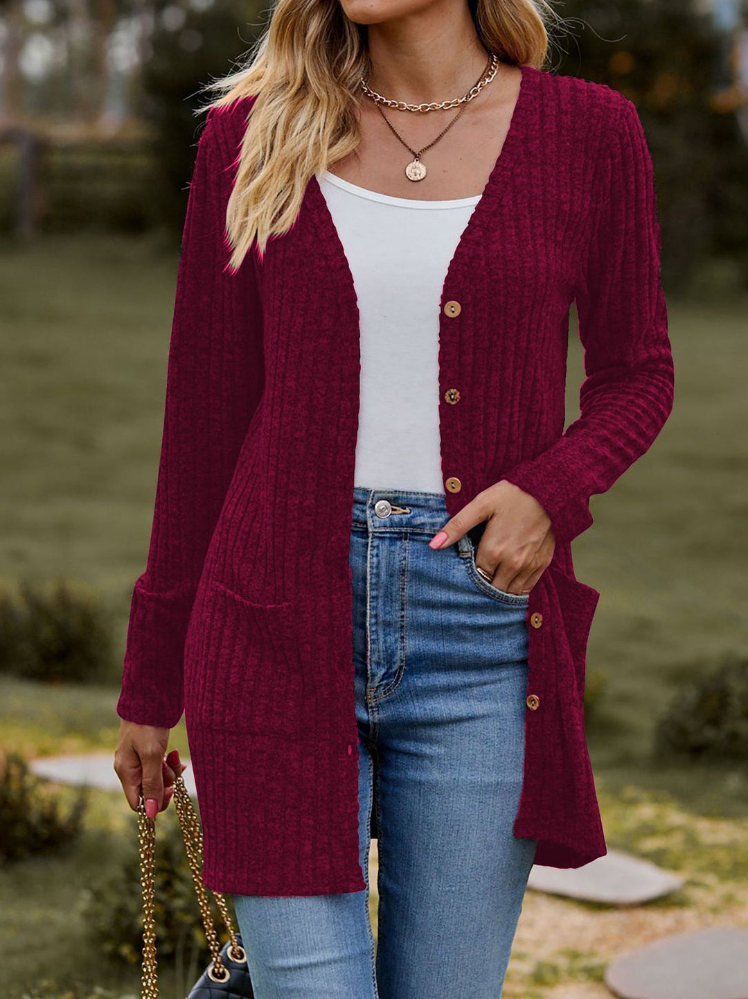 Damen nan langer gerippter Strickcardigan mit Eingrifftaschen und Holzknöpfen Drune