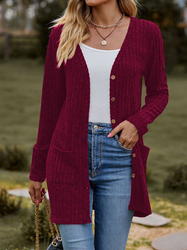Damen nan langer gerippter Strickcardigan mit Eingrifftaschen und Holzknöpfen Drune