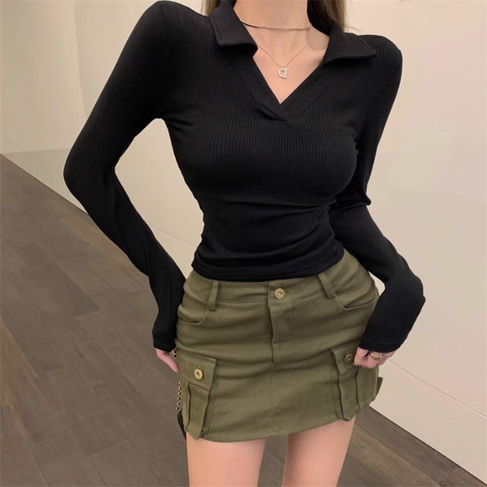 Damen Langarmshirt mit elegantem V-Ausschnitt und Rippstruktur Drune