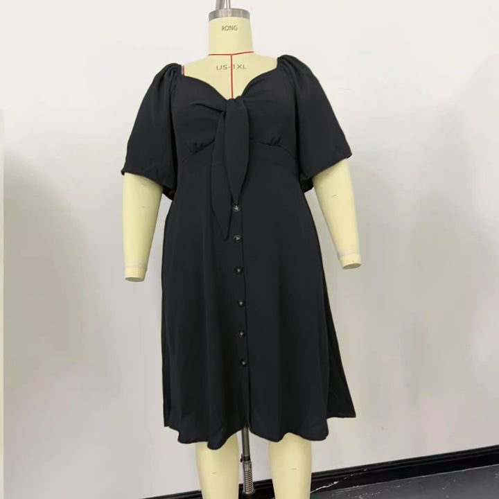 Damen A-Linien Midikleid mit Knoten-Detail, Puffärmeln und Knopfleiste Drune