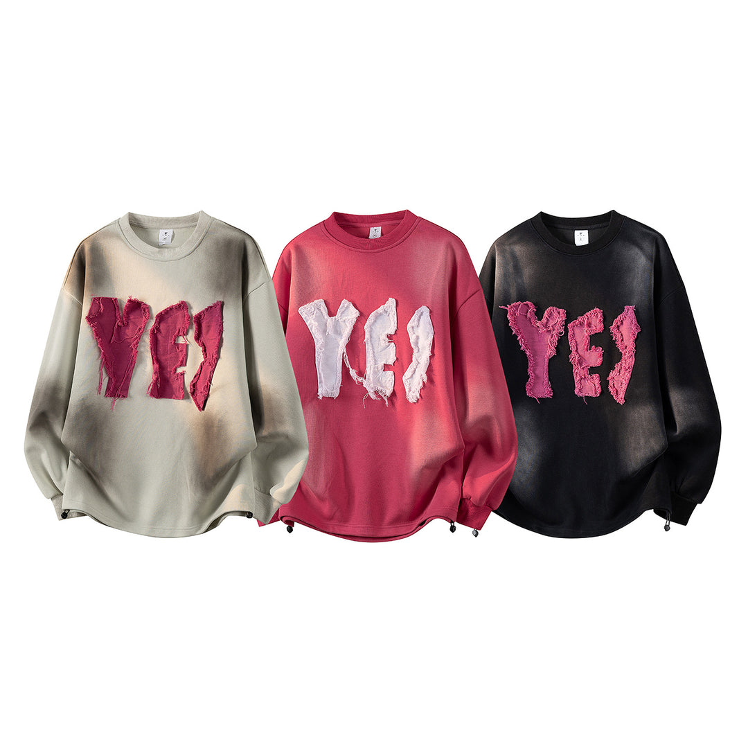 Damen Oversize-Sweatshirt mit gesticktem Schriftzug, abgerundetem Saum & überschnittener Schulter Drune