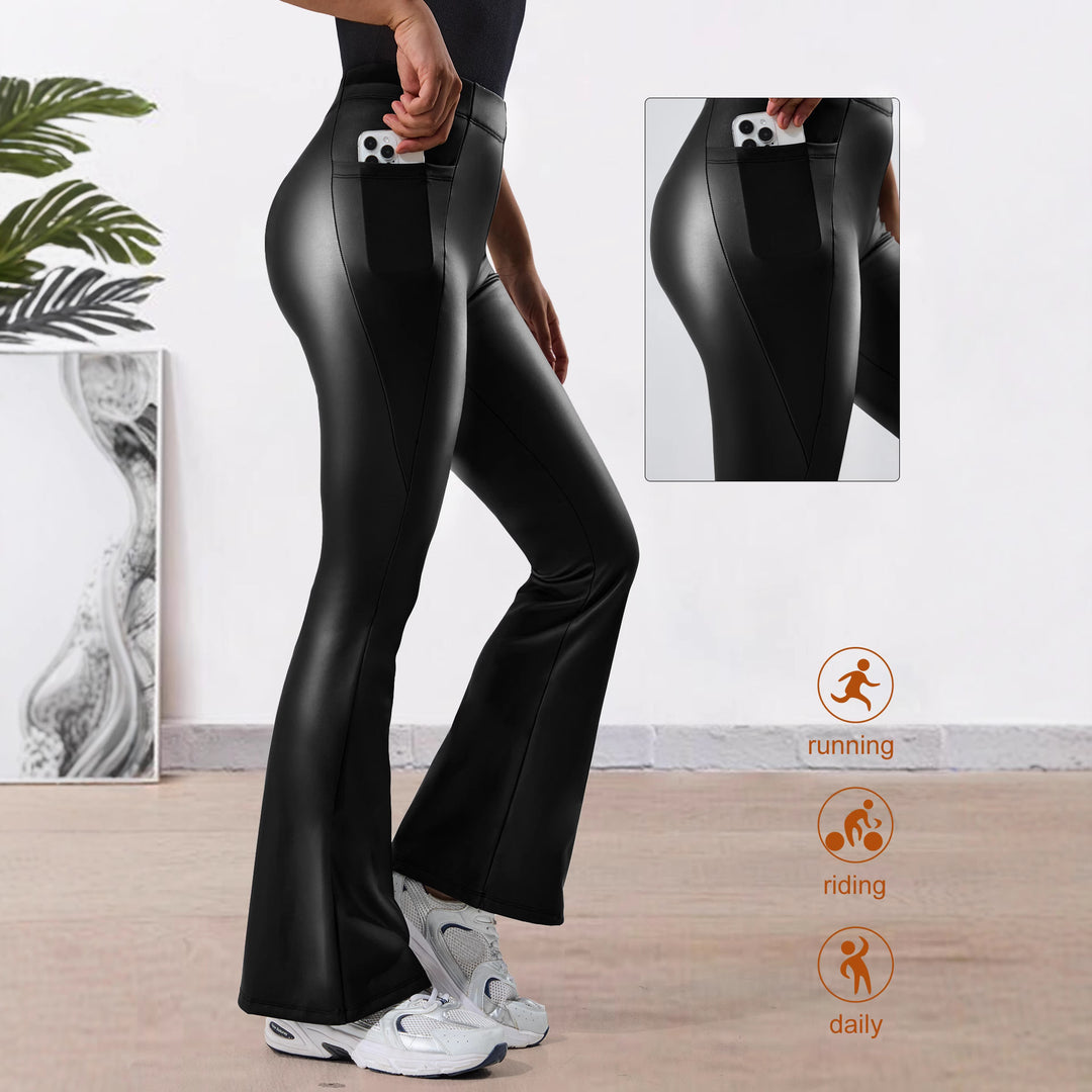 Damen Hochtaillierte Kunstleder-Flared-Leggings mit V-Seitentasche und figurformender Passform Drune