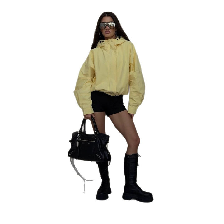 Damen Oversize Windbreaker Jacke mit Kapuze und kurzem Cropped‑Schnitt Drune