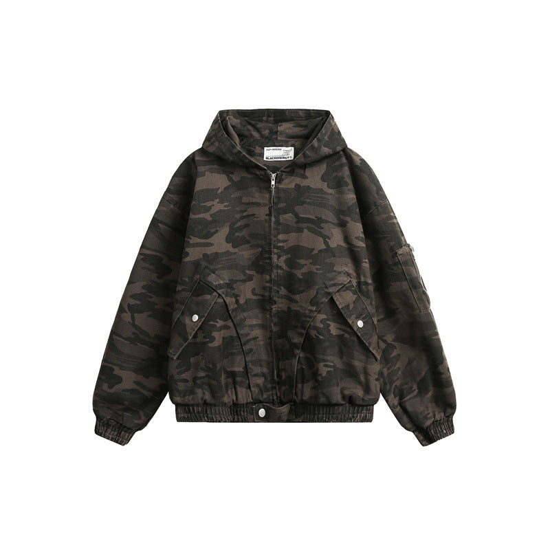 Herren Camouflage-Boxy-Fieldjacke mit Kapuze, Utility-Taschen und elastischem Saum Drune