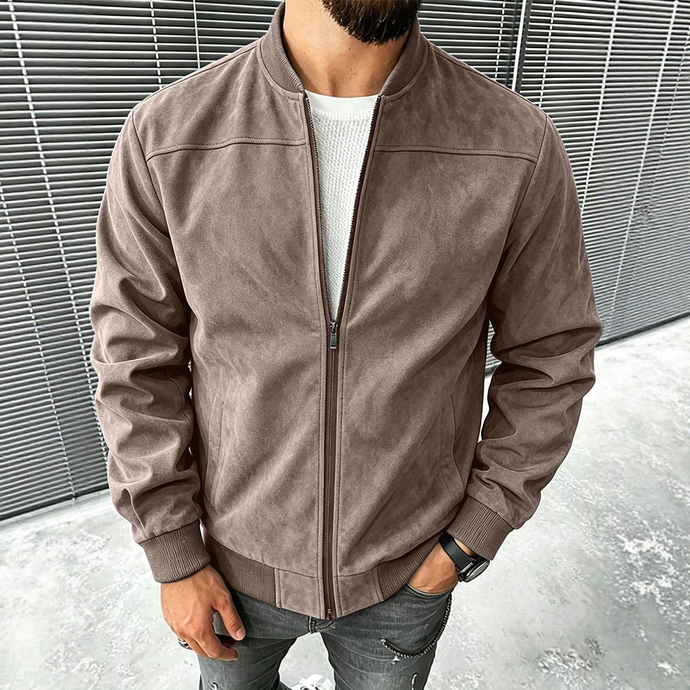 Herren Veloursleder-Optik Bomberjacke mit Reißverschluss und Rippbündchen Drune