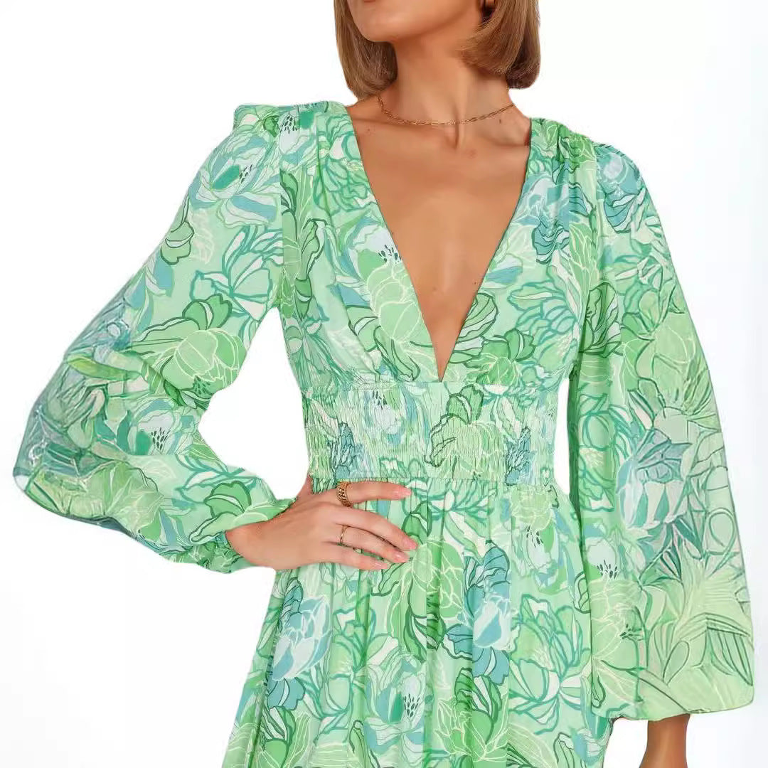 Damen Blütenmuster Sommerkleid mit tiefem V-Ausschnitt und Puffärmeln Drune