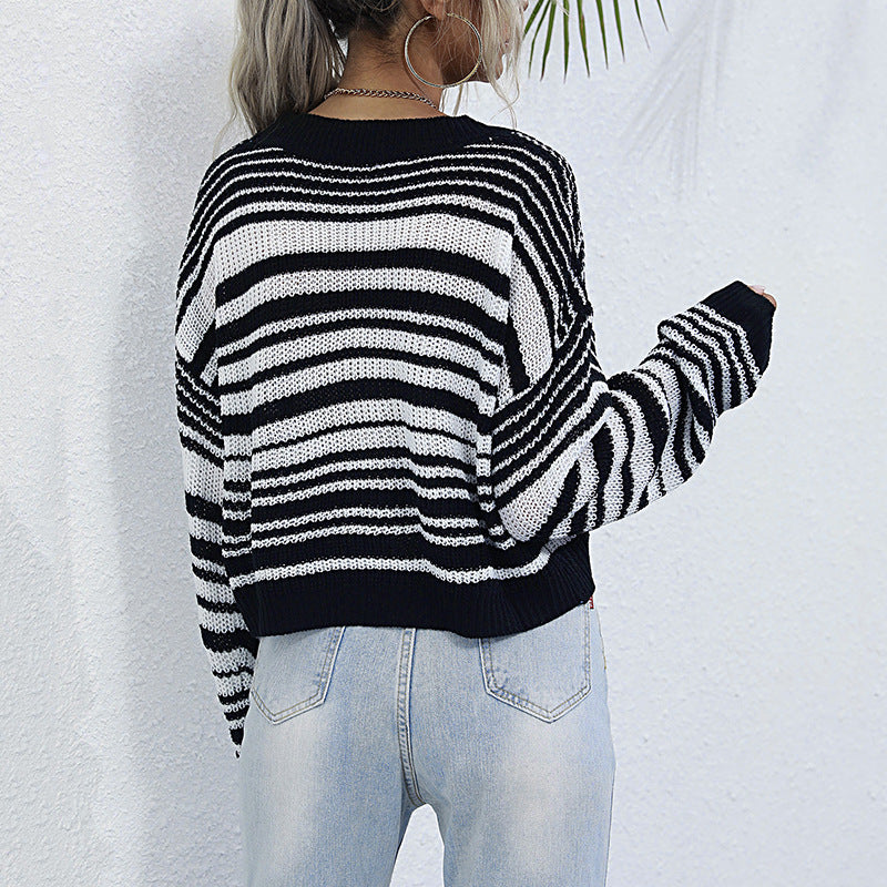 Damen Cropped-Strickpullover mit Off-Shoulder, lockerer Oversize-Passform & Streifenmuster Drune