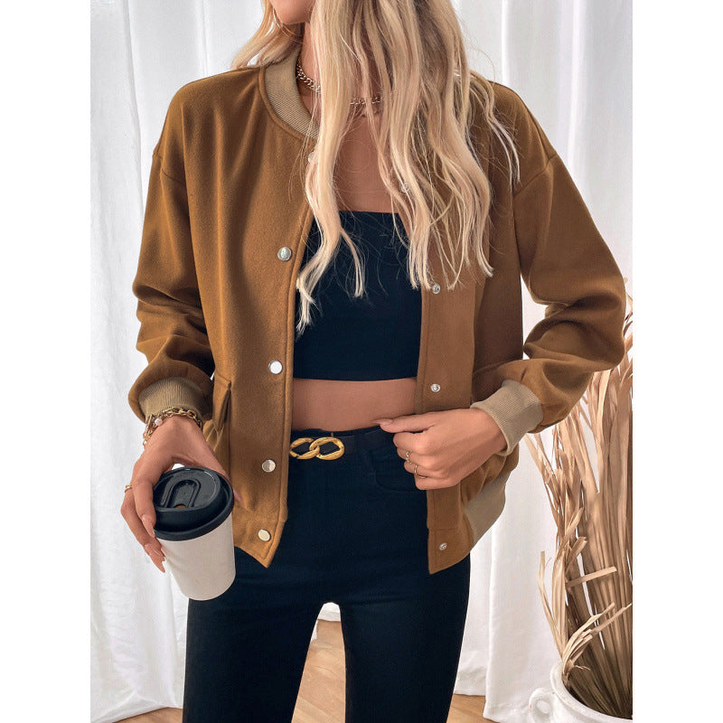 Damen modische Overshirt-Jacke mit Druckknopfverschluss und seitlichen Taschen Drune
