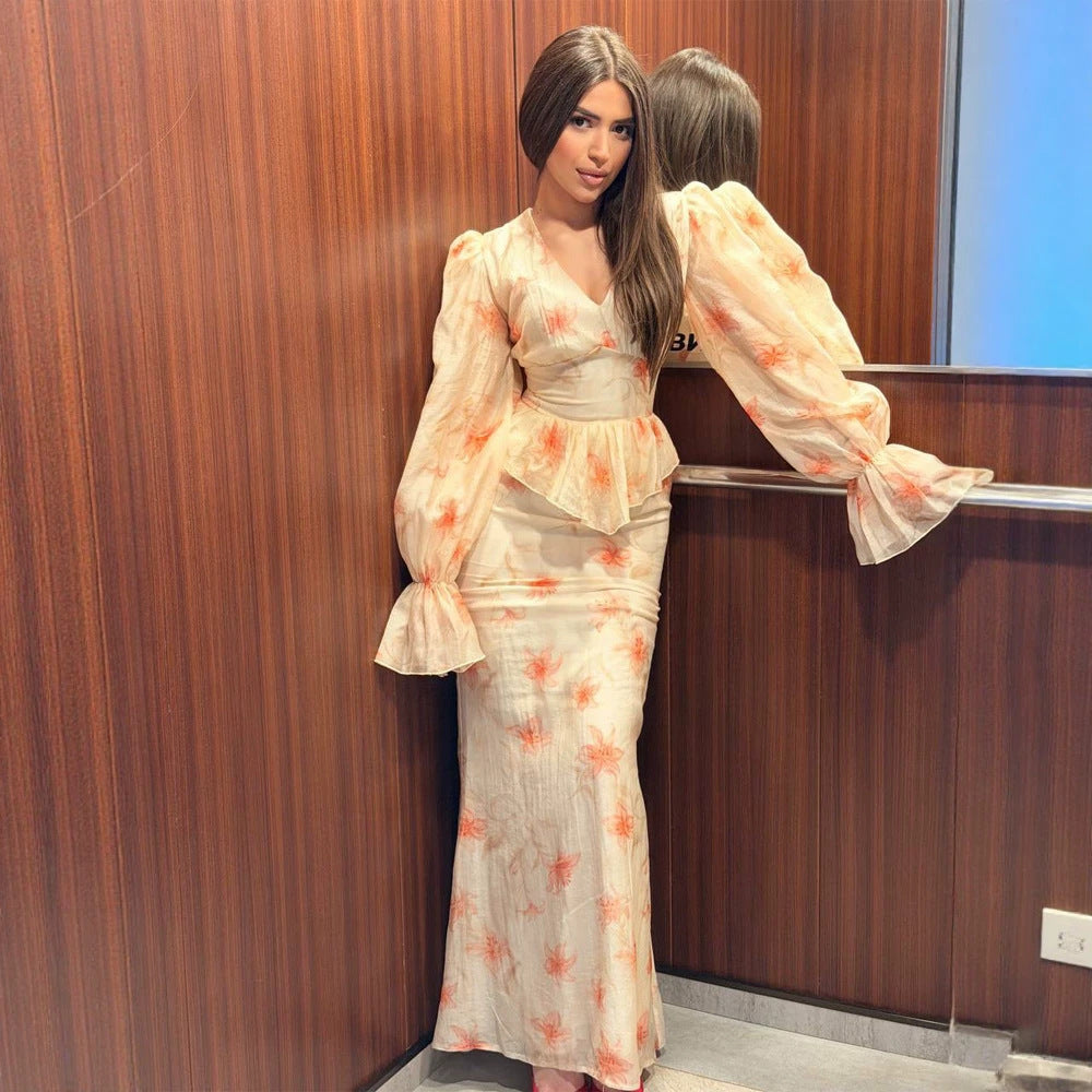 Damen Midaxi-Kleid mit Schößchen, V-Ausschnitt und voluminösen Puffärmeln Drune