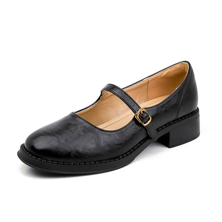 Damen Klassische Leder Mary Jane Ballerinas mit Verstellbarem Schnalle Drune