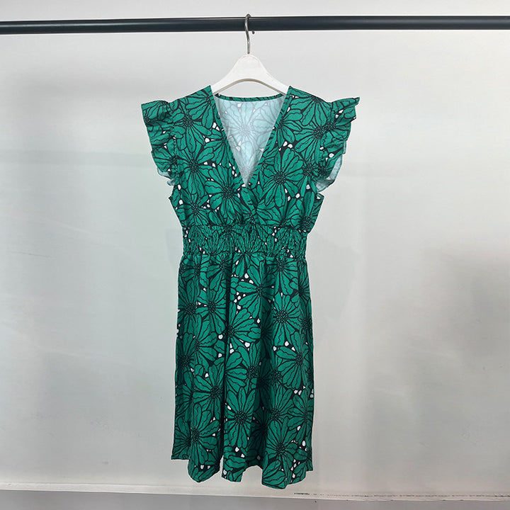 Damen Elegantes Blumenkleid mit schwingendem Saum und Rüschen Drune