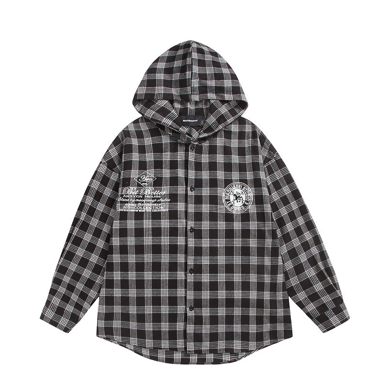Unisex Kariertes Kapuzen-Overshirt aus Flanell mit Logostickerei und Oversize-Schnitt Drune