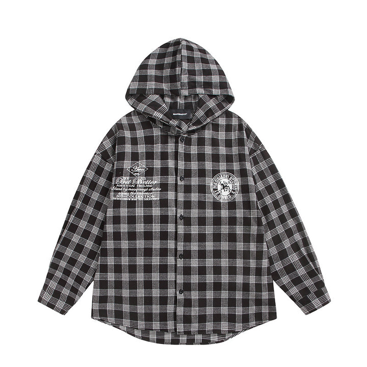 Unisex Kariertes Kapuzen-Overshirt aus Flanell mit Logostickerei und Oversize-Schnitt Drune