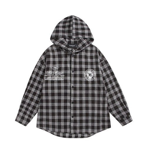 Unisex Kariertes Kapuzen-Overshirt aus Flanell mit Logostickerei und Oversize-Schnitt Drune