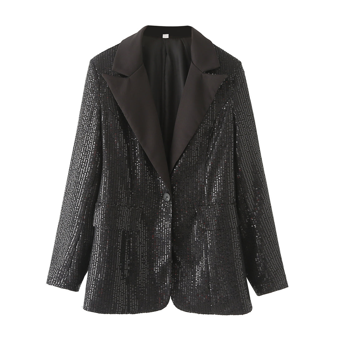 Damen nan taillierter Pailletten-Blazer mit Satin-Schalkragen und Pattentaschen Drune