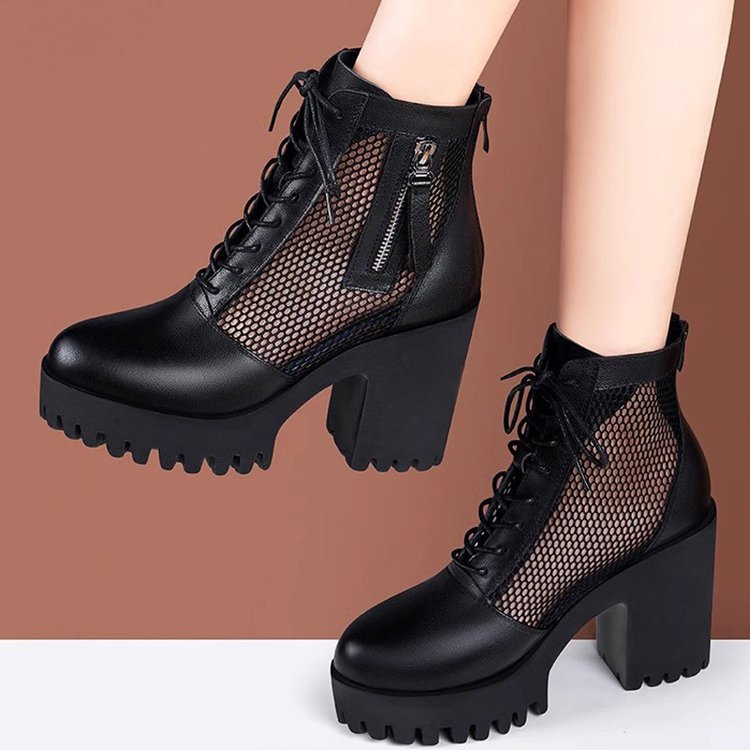 Damen Modische Plateau Stiefeletten mit Netz-Einsätzen Drune
