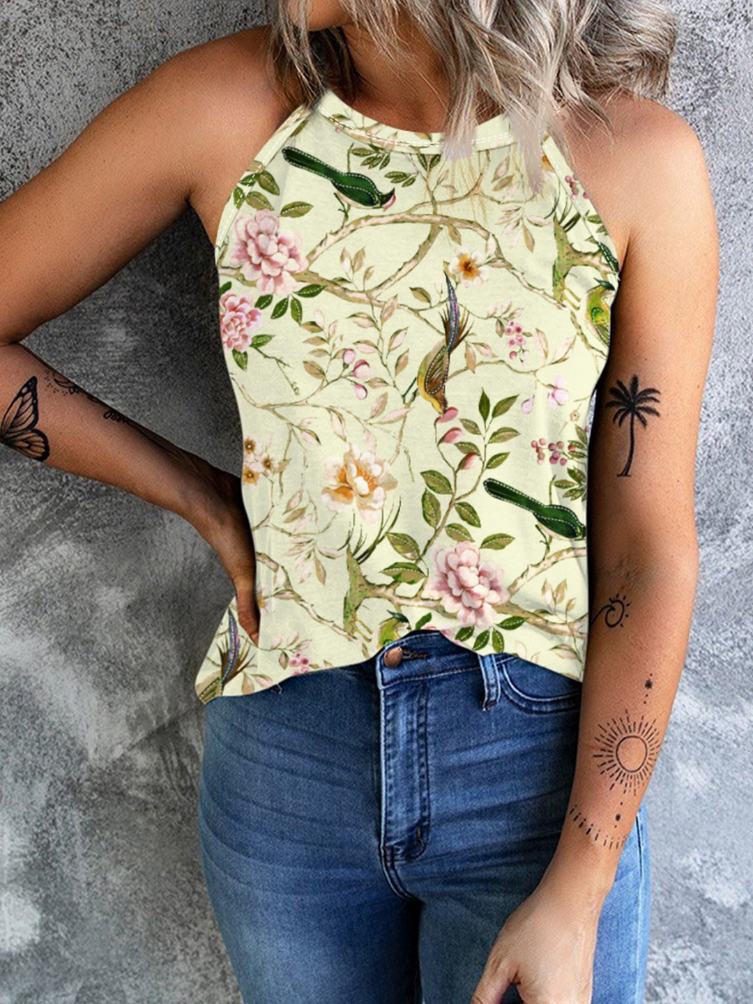 Damen ärmelloses Blumenshirt mit hohem Kragen Drune