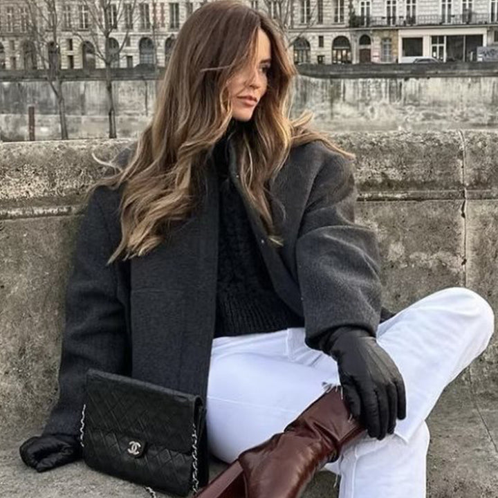 Damen Oversized Strickjacke aus weichem Teddystoff mit Stehkragen und seitlichen Taschen Drune