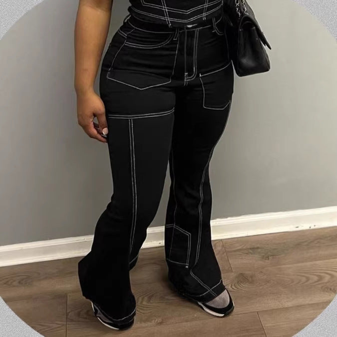 Damen High-Waist Flared-Jeans mit Kontrastnähten und Cargo‑Einsätzen Drune