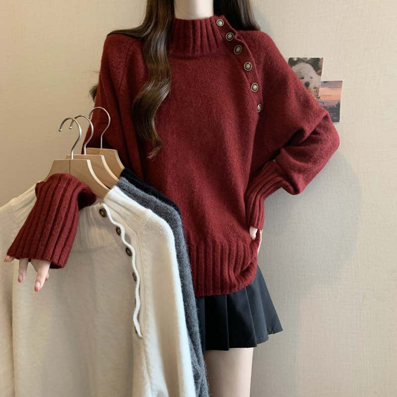 Damen eleganter Rollkragenpullover mit Knopfdekoration und strukturierter Textur Drune