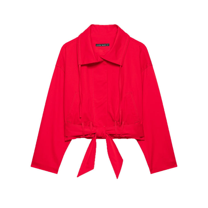 Damen Cropped Übergangsjacke mit Tunnelzugtaillierung, weitem Hemdkragen und Bindegürtel Drune