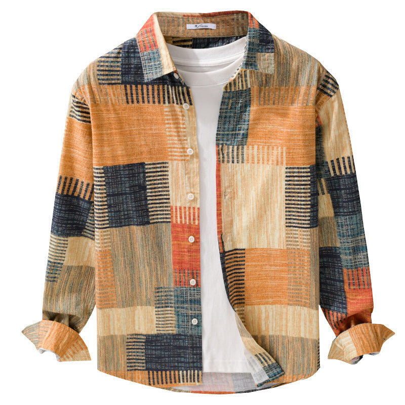 Herren Gemustertes Langarm-Hemd im Patchwork-Look aus leichtem Baumwollmix Relaxed Fit Drune