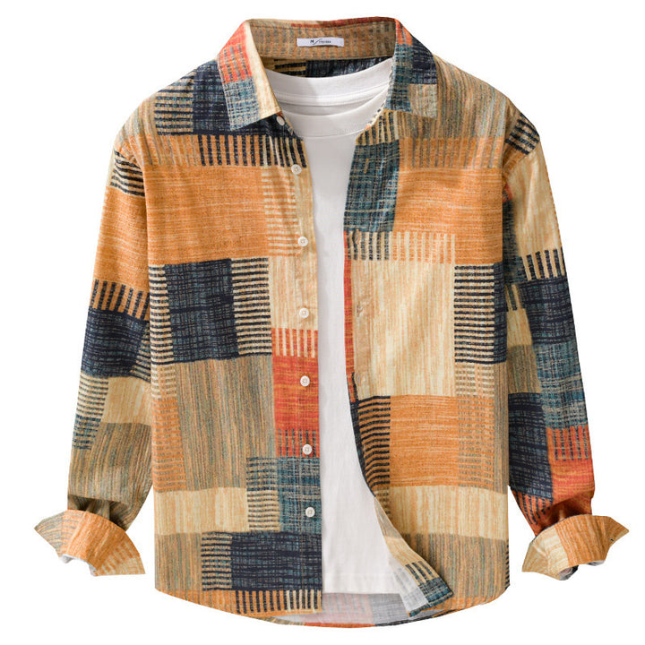 Herren Gemustertes Langarm-Hemd im Patchwork-Look aus leichtem Baumwollmix Relaxed Fit Drune